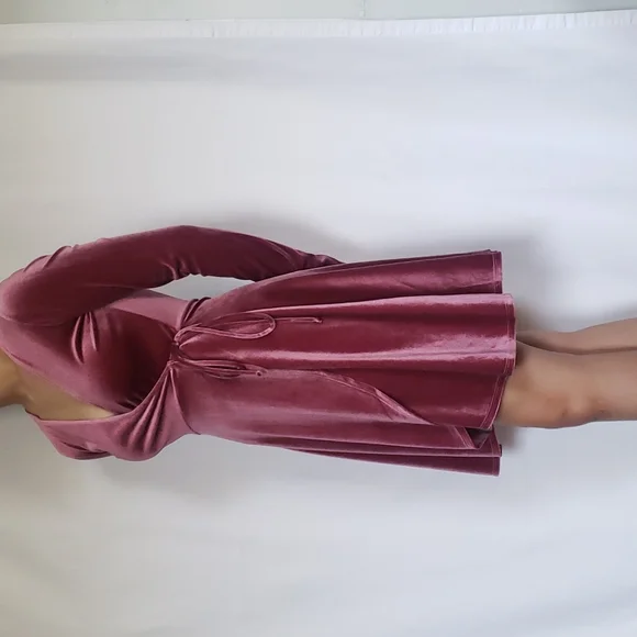 pink velvet wrap dress long sleeve Velvet Mauve Wrap Dress with long sleeves: fall and winter special occasion, Christmas, plus size